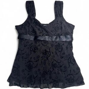 Whimsigoth Y2K AB Studio Black Floral Burnout Satin-Trim Babydoll Tank